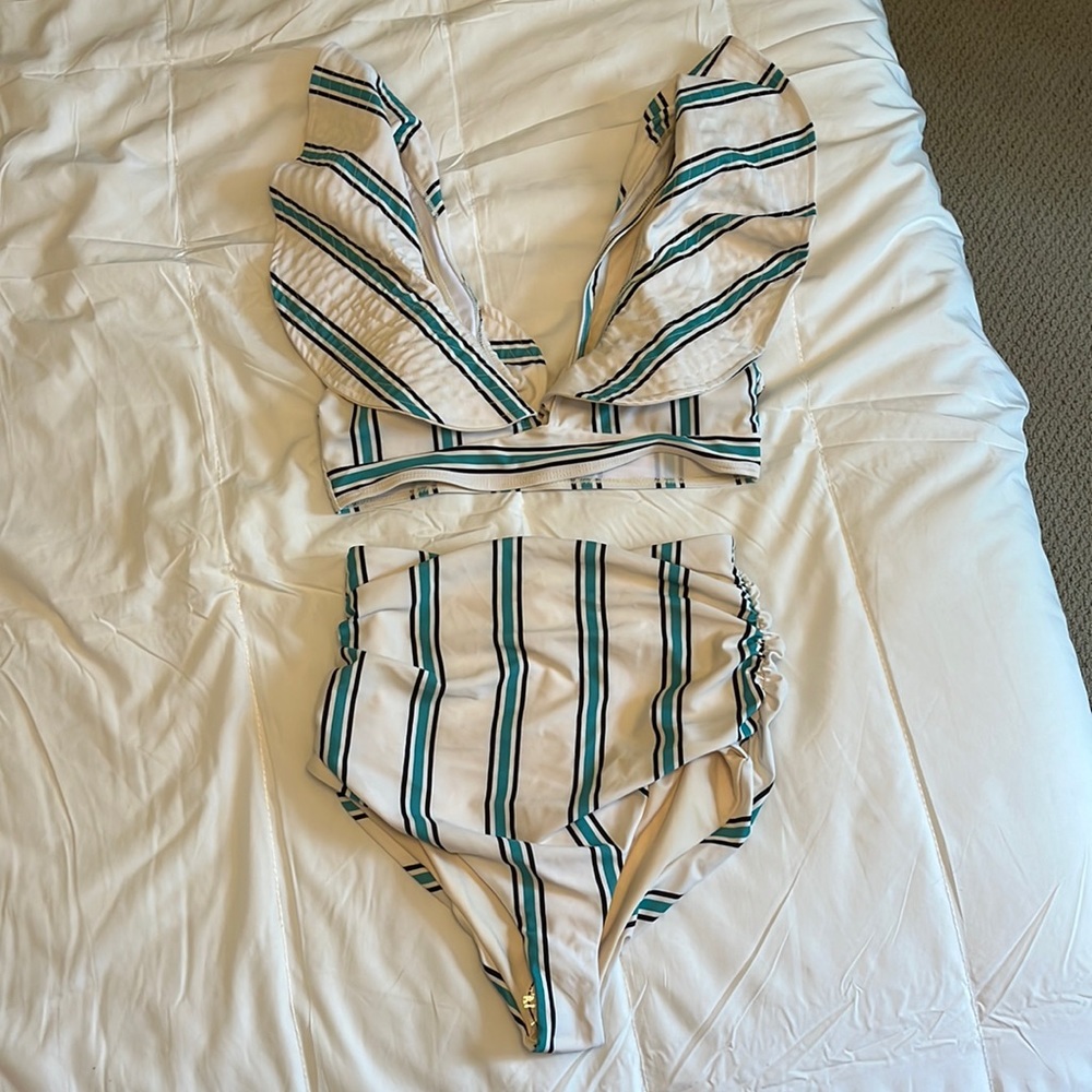 Striped Ruffle Bikini with Ruched High Waisted Bottom